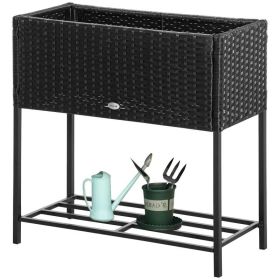 Modern PE Rattan Wicker Raised Garden Bed Elevated Planter Box (Color: Black)