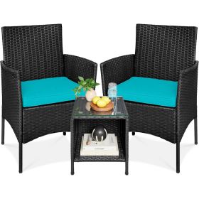 3-Piece PE Wicker Outdoor Dining Patio Furniture Set with Cushions (Color: Black/Teal Blue)