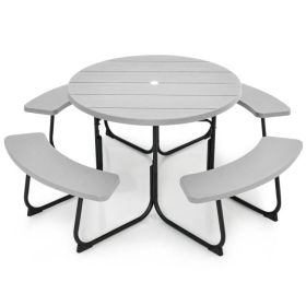 All Weather 8 Seater Picnic Table with Umbrella Hole (Color: Grey)