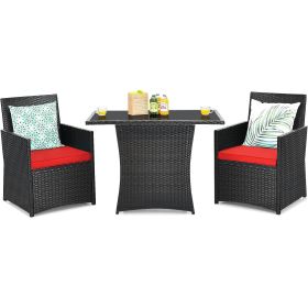 3-Piece Patio Furniture Outdoor Dining Set PE Rattan with Cushions (Color: Brown/Red)