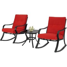 Outdoor 3-Piece Patio Furniture Rocking Chairs Table Set with Cushions (Color: Red)